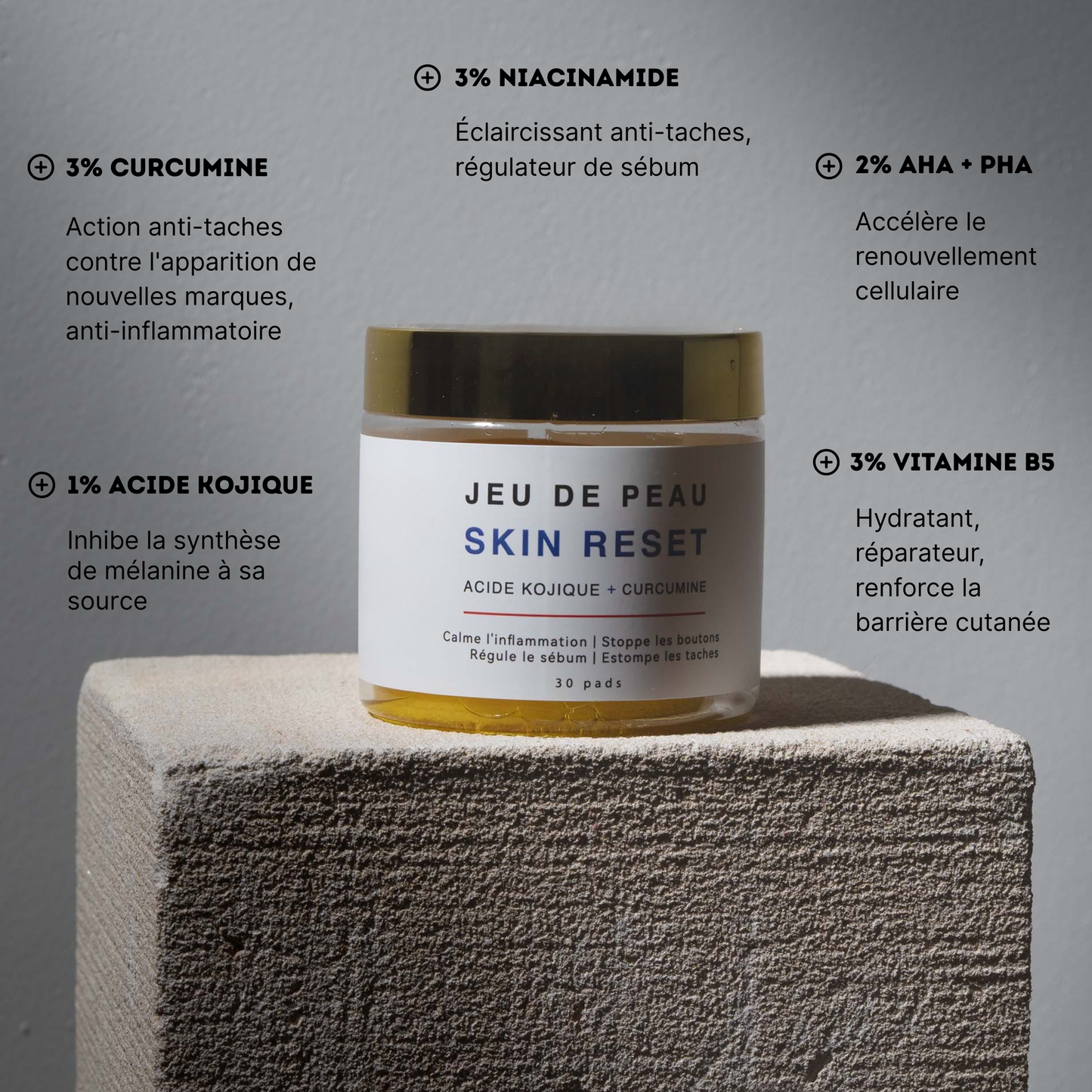 Routine anti-taches anti imprefection pour traiter l'acné, exces de sebum, cicatrices post-inflammatoire, tache solaire, melasma, hormonale, à l'acide kojique, curcuma, curcumine et niacinamide, vitamine B5, AHA et PHA Jeu De Peau